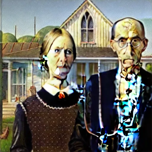 Image similar to american gothic painting with nicolas cage