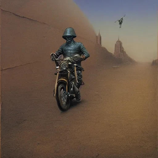 Image similar to lone apocalyptic traveler on a motorcycle riding through new york, highly detailed beksinski painting