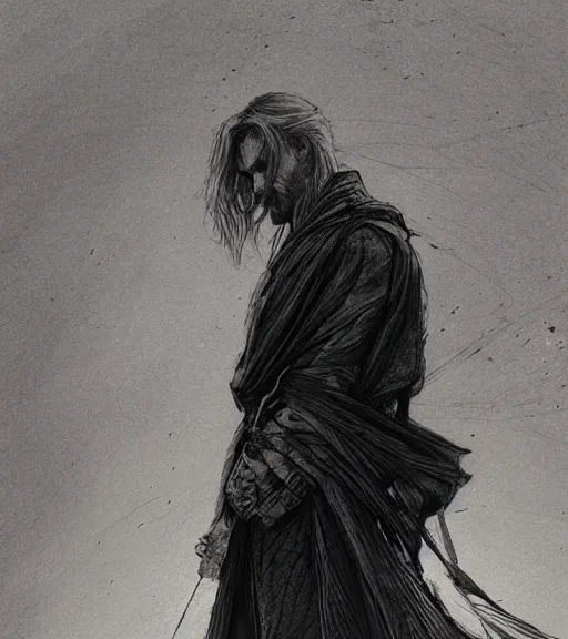 Prompt: portrait of man with long blond hair tied up wearing black robes, pen and ink, intricate line drawings, by craig mullins, ruan jia, kentaro miura, greg rutkowski, loundraw