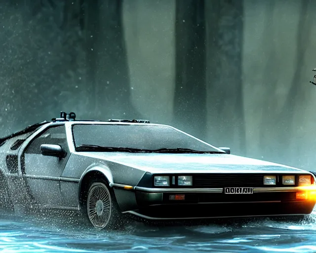 Prompt: delorean submerged under water, cinematic, photoreal, by red dead redemption 2