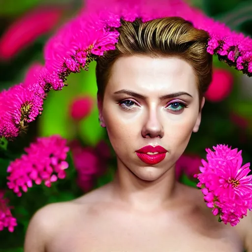 Prompt: Beautiful full-length 20mm mid-distance photograph of Scarlette Johansson in an ornate, lush, exotic Flowerpunk garden, extreme detail, sharp focus, no Depth of Field, clean, clear, sharp, CG society, 3D sculpture, volumetric lighting, cinematic, perfect face, perfect eyes, photorealistic, photograph