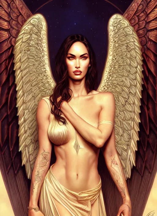 Image similar to portrait of megan fox as an blonde angel, wings, bible, intricate, headshot, highly detailed, digital painting, artstation, concept art, sharp focus, cinematic lighting, illustration, art by artgerm and greg rutkowski, alphonse mucha, cgsociety