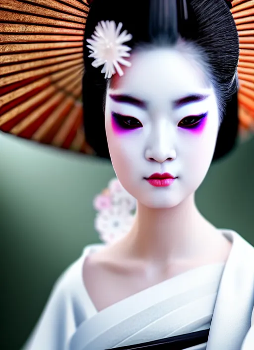 Image similar to Geisha extreme closeup photo portrait, beautiful pale makeup, pearlescent skin, elegant pose, very detailed, highly detailed kimono, photorealism, artstation, different point of view, sharp focus, photorealistic, soft diffuse lights, canon 5D 50 mm lens, zen natural background, def of field