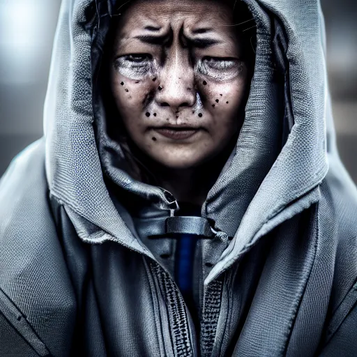 Prompt: photographic portrait of a poor techwear woman with tears in her eyes, closeup, sigma 85mm f/1.4, 4k, depth of field, high resolution, 4k, 8k, hd, full color