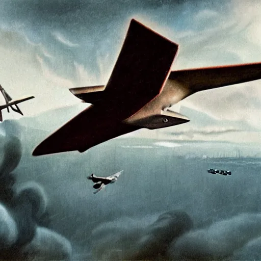 Image similar to a detailed matte painting of a pterodactyl flying with nazi messerschmitt in a bombing raid, 8 k, artstation, art in a turn of the century pulp novel style