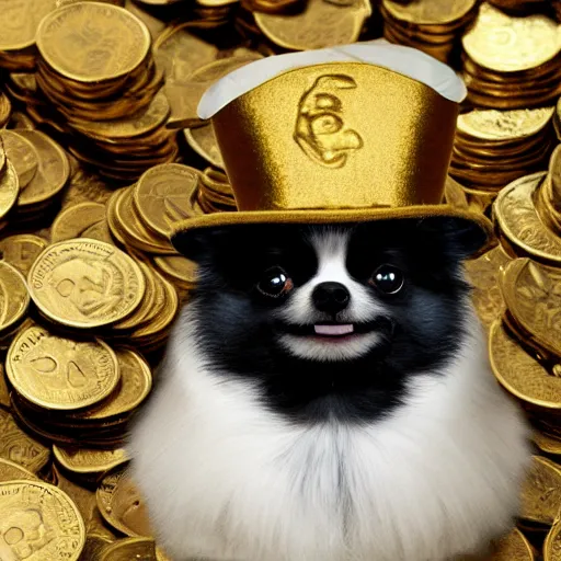 Image similar to A pomeranian wearing a top-hat and a monocle, sitting on top of a large pile of gold coins