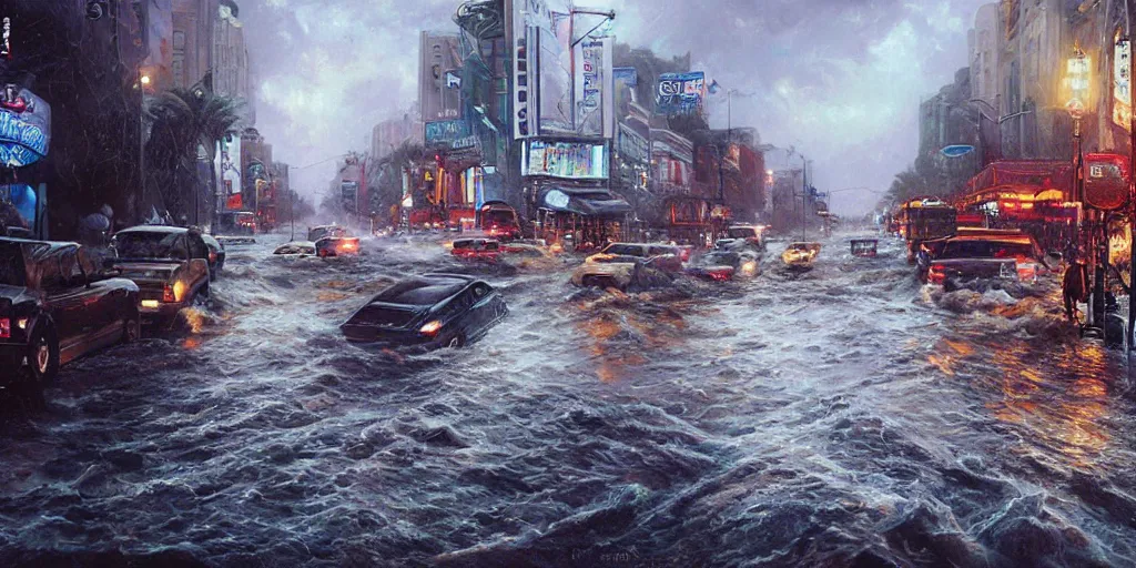 Prompt: hollywood boulevard hit by a biblical flood during a storm, dramatic lighting, beautiful, stunning landscape artwork by artgerm, rutkowski, wlop highly detailed, photorealistic