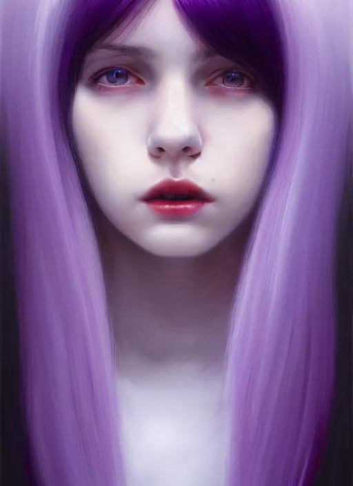 Image similar to hair whitebangs hair, black hair, whitebangs, portrait of teenage girl with white bangs, red irises, purple clothes, white bangs, bangs are different color from hair, intricate, elegant, glowing lights, highly detailed, digital painting, artstation, concept art, smooth, sharp focus, illustration, art by wlop, mars ravelo and greg rutkowski