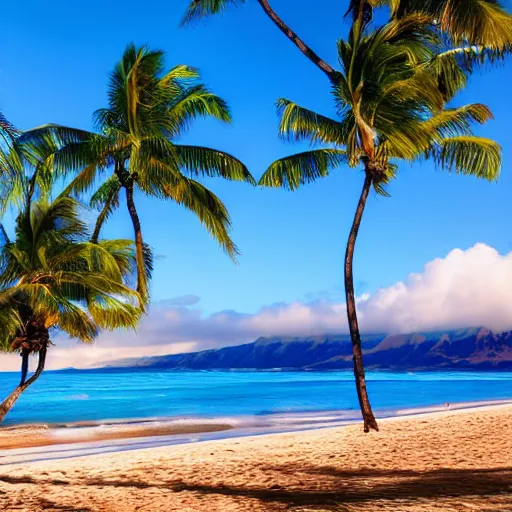 Image similar to Artstation art of a beautiful beach with fantastic luxury blue colors on the beach of hawaii, UHD quality, stunning beauty, incredible light from the Sun, award-winning beauty