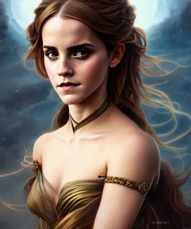 Prompt: Emma Watson as a fantasy magic woman portrait, sci-fi, amber eyes, face, long hair, fantasy, intricate, elegant, highly detailed, digital painting, artstation, concept art, smooth, sharp focus, illustration, art by artgerm and greg rutkowski and alphonse mucha