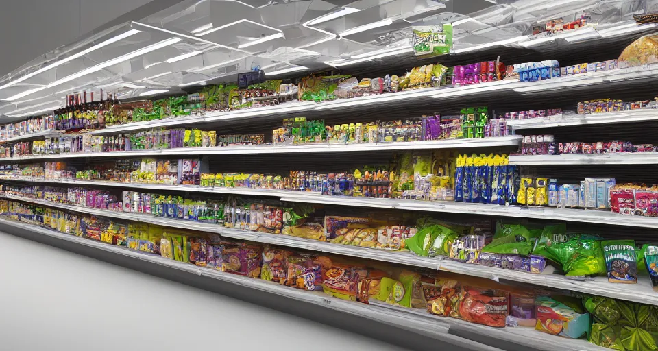 Image similar to vast futuristic supermarket with endless shelves, vray render, hyperrealistic