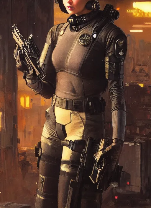 Prompt: 🦸🏼♀. cyberpunk police trooper in a military vest ( blade runner 2 0 4 9, cyberpunk 2 0 7 7 ). orientalist portrait by john william waterhouse and james gurney and theodore ralli and nasreddine dinet, oil on canvas. cinematic, hyper realism, realistic proportions, dramatic lighting, high detail 4 k