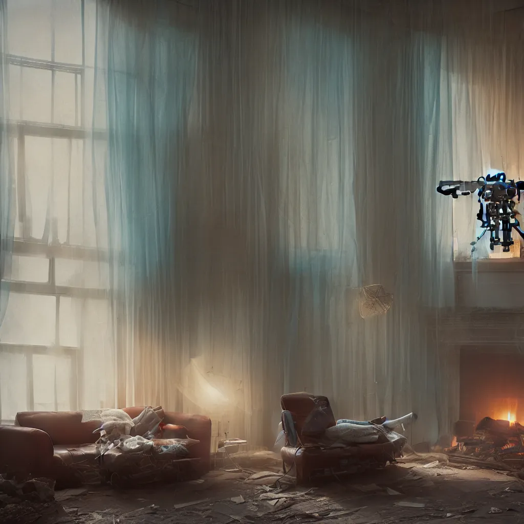 Prompt: intimate photograph of one single lone solitary cerulean and brown decaying futuristic robot lying on a frayed fainting couch in front of a beautiful fireplace with a cozy fire, in a dusty Victorian home, soft morning light seeping in a window, with cinematic lighting and lens flare, tall ceiling, octane render, cgsociety, by Simon Stalenhag and Rouhollah Toghyani and Sylvian Boussiron and Alfonso Cuaron, highly detailed closeup portrait, award-winning highly detailed 8k anamorphic closeup tight cinematic movie photograph