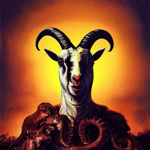 Prompt: goat, head and shoulders masterpiece, apocalypse, golden hour, cosmic horror, artstation, in the style of goya, extremely detailed