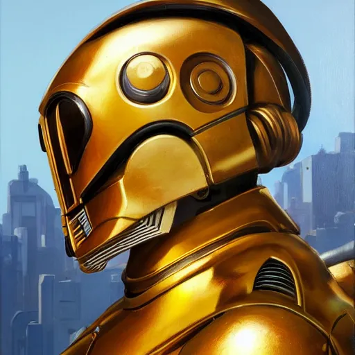 Image similar to greg manchess portrait painting of c 3 po as overwatch character, medium shot, asymmetrical, profile picture, organic painting, sunny day, matte painting, bold shapes, hard edges, street art, trending on artstation, by huang guangjian and gil elvgren and sachin teng