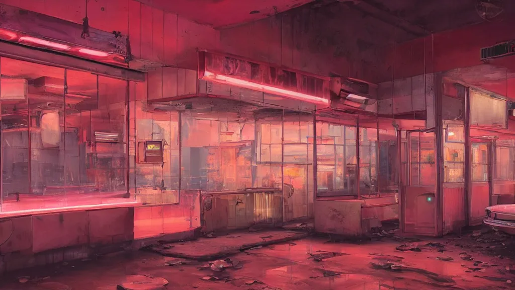 Image similar to the inside of an abandoned 5 0's diner at night, by lee madgwick and bastien lecouffe - deharme, pink and orange neon lights, highly detailed interior, artstation trending, cryenging 8 k uhd