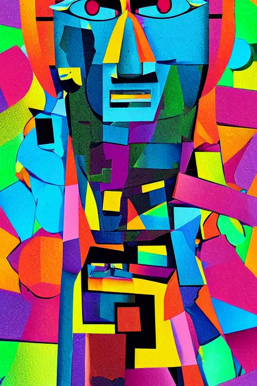 Image similar to cubist moai statue cutout digital illustration cartoon colorful beeple