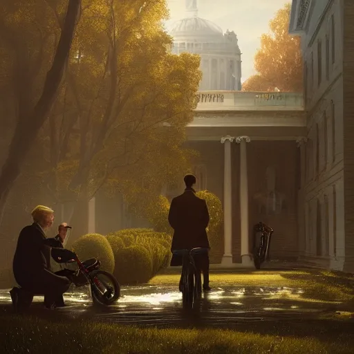 Prompt: president trump repairs bicycles, at the white house, photography, hyperrealistic, by beeple, greg rutkowski, caspar david friedrich, smooth, illustration, elegant, artstation, digital painting.