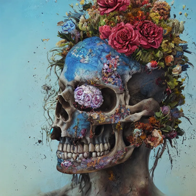 Image similar to A beautiful oil painting hyperrealism of a decayed head, rotting clay skin, skull bones, flowers, floral headdress, 8k resolution, octane render, Trending on artstation, by Gediminas Pranckevicius, volumetric light 2blue fractal Thunder glow by dan mumford, anaglyph effect, Laurie Lipton