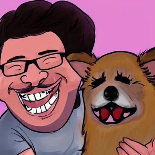 Image similar to a caricature of Markiplier laughing happily as he pets his dog.