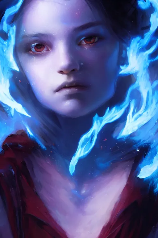 Image similar to a fancy portrait of a young Demon girl engulfed in blue flames by Greg Rutkowski, Sung Choi, Mitchell Mohrhauser, Maciej Kuciara, Johnson Ting, Maxim Verehin, Peter Konig, final fantasy , 8k photorealistic, cinematic lighting, HD, high details, atmospheric , trending on artstation