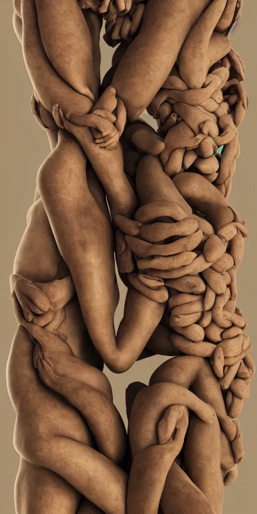 Image similar to closeup photograph of a surrealist sculpture human bodies intertwined, a lovely cornucopia of flowers and human body parts, body parts, muted color palette, skin tones, golden ratio, perfect geometry, highly detailed, octane render, cinematic