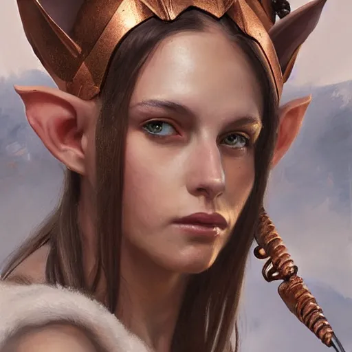 Image similar to A detailed oil portrait of an elf woman with small horns of copper and copper scales covering her arm and neck wearing a simple white robe, by greg rutkowski, trending on artstation, dungeon and dragons art