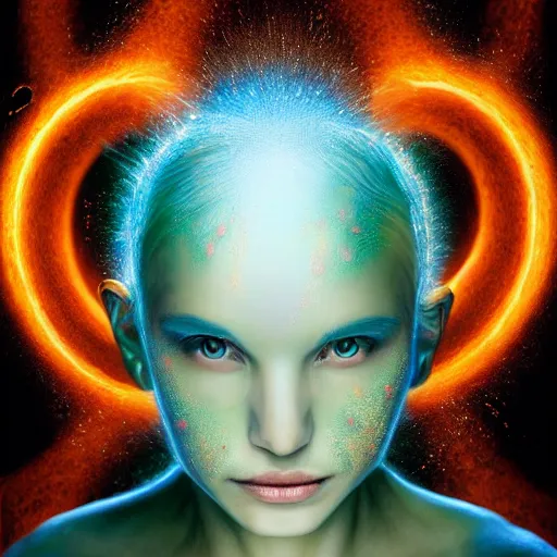 Image similar to I've discovered life, scientist, ecstatic, infinite power, manic, perfect eyes, full body shot, chemical structures, atoms, molecules, portrait, energized face, noble, transformation, vivid colors, elegant, concept art, sharp focus, digital art, Hyper-realistic, 4K, Unreal Engine, Highly Detailed, HD, Dramatic Lighting by Brom, trending on Artstation