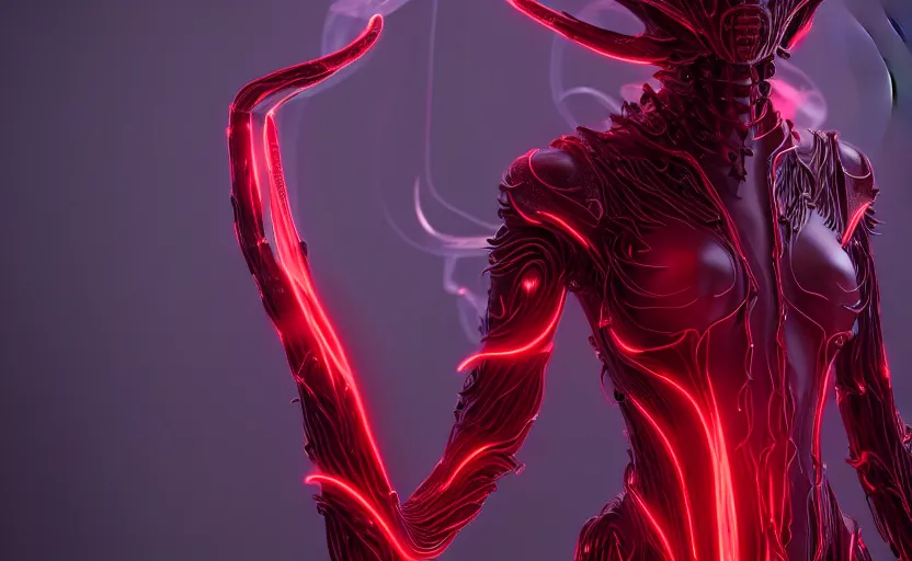 Image similar to stunning symmetric full body character image, woman, predator, Protoss, human, Tsutomu Nihei, 3d octane render, unreal engine, hyper realistic, realistic, white bone armor, soft illumination, human facial features, surrounded in red glowing tendrils of whispy smoke, trending artstation, 4K, insane