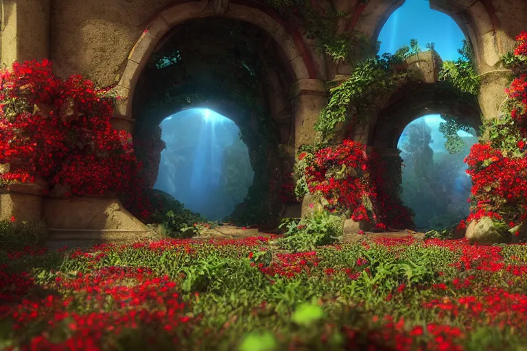 Prompt: broken arches leading to the pillars of eternity draped with red flowers and vines, blue sky, lens flare, a sense of mystery, cinematic, ultra detailed, intricate, sharp focus, trending on artstation, 3d render, film still from Disney’s Tangled (2010), 8K