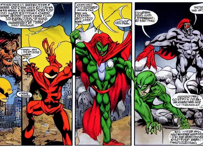 Image similar to The Creation of Adam, repainted by Todd McFarlane, in the style of Spawn and the Maxx