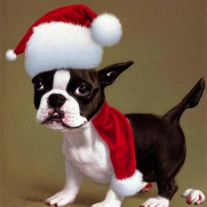 Image similar to cute boston terrier puppy wearing a christmas hat by george stubbs