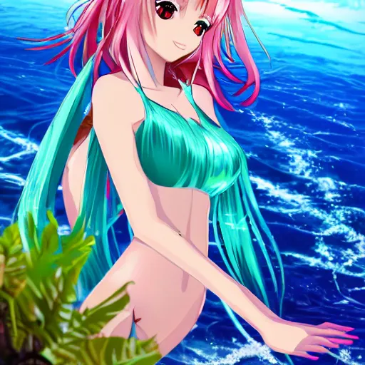 Prompt: anime cyber mermaid on the beach of a tropical island