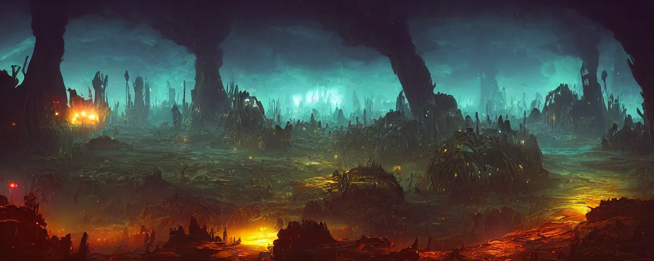 Image similar to ” otherwordly landscape at night, [ bioluminescense, cinematic, detailed, epic, widescreen, opening, establishing, mattepainting, photorealistic, realistic textures, octane render, art by slop and paul lehr ] ”