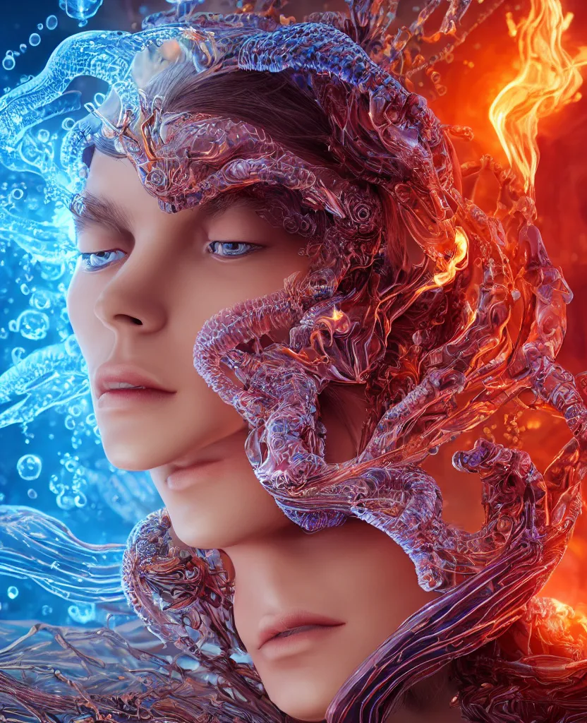 Image similar to close-up macro portrait of the face of a beautiful princess, epic angle and pose, symmetrical artwork, 3d with depth of field, blurred background, cybernetic jellyfish female face skull phoenix bird, translucent, nautilus, energy flows of water and fire. a highly detailed epic cinematic concept art CG render. made in Maya, Blender and Photoshop, octane render, excellent composition, cinematic dystopian brutalist atmosphere, dynamic dramatic cinematic lighting, aesthetic, very inspirational, arthouse. y Greg Rutkowski, Ilya Kuvshinov, WLOP, Stanley Artgerm Lau, Ruan Jia and Fenghua Zhong