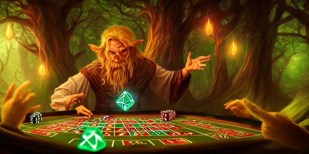 Image similar to a mythical, magical forest spirit wizard rolling d 6 casino dice, glowing energy, fantasy magic, by willian murai and jason chan and marco bucci, hyper detailed and realistic, illustration, sharp focus, cinematic, rule of thirds, foresthour