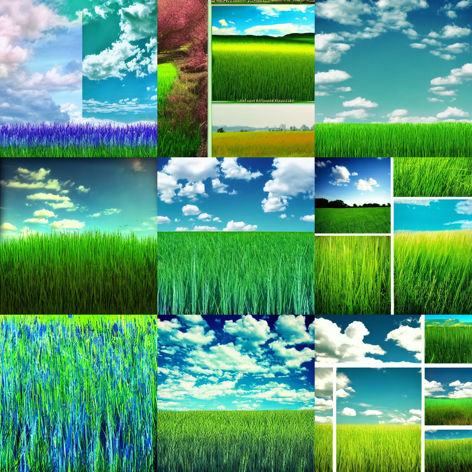Prompt: blu field blu grass, green sky green air, surreal collage