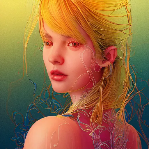 Image similar to a portrait of an incredibly beautiful, colorful, graceful, elegant, and sophisticated young blonde girl made of garlic, an ultrafine detailed illustration by james jean, intricate linework, bright colors, final fantasy, behance contest winner, vanitas, angular, altermodern, unreal engine 5 highly rendered, global illumination, radiant light, detailed and intricate environment