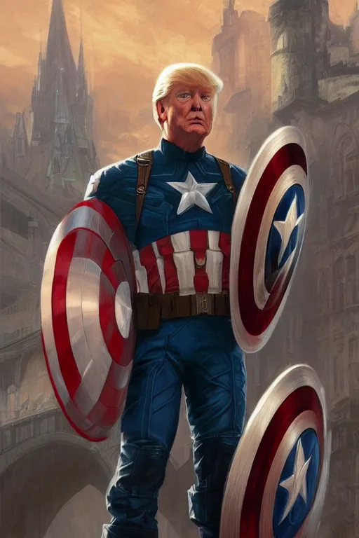 Image similar to a distant cinematic shot of Donald Trump as Captain America, D&D, fantasy, intricate, elegant, highly detailed, digital painting, artstation, concept art, matte, smooth, sharp focus, illustration, art by Artgerm and Greg Rutkowski and Alphonse Mucha, oil painting, 8k, hyper realistic