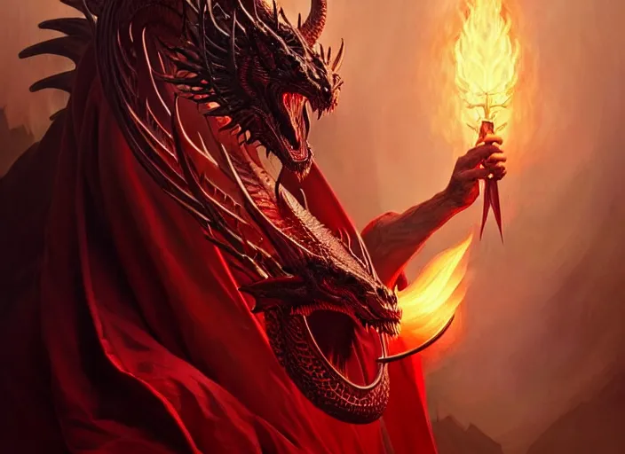 Prompt: a beautiful satanic evil sorcerer against a fire breathing dragon, intricate, sharp focus, illustration, highly detailed, digital painting, concept art, matte, art by WLOP and Artgerm and Greg Rutkowski and Alphonse Mucha, masterpiece