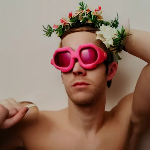 Image similar to close up kodak portra 4 0 0 portrait photograph of a skinny guy with blonde hair laying in a tub of milk, aerial view, wearing cyber goggles, flower crown, moody lighting, telephoto, 9 0 s vibe, blurry background, vaporwave colors, faded!,