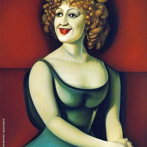 Image similar to very detailed and colorful portrait of bernadette peters smiling, painted by giorgio de chirico