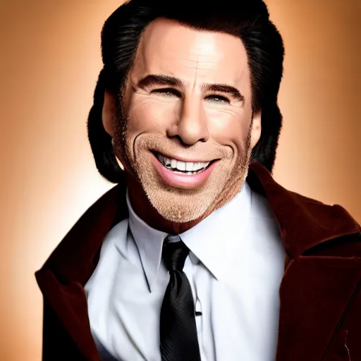 Image similar to john travolta is terk from tarzan, enjoyable smile, happy, big smile, white teeth, portrait photography, studio lighting, gorilla hair, pompadour, school picture