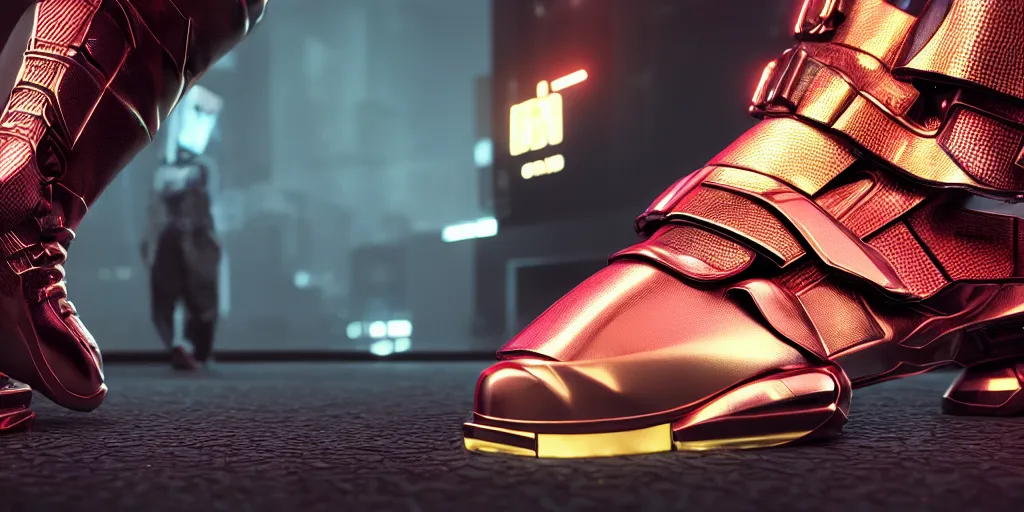 Prompt: realistic 3 d render of a cyberpunk android sneaker, beautiful studio lighting, soft, sharp focus, neon cyberpunk highlights, intricate detail, gold and red accents, soft rubber, octane render, side view, close up, trending on artstation, deviantart