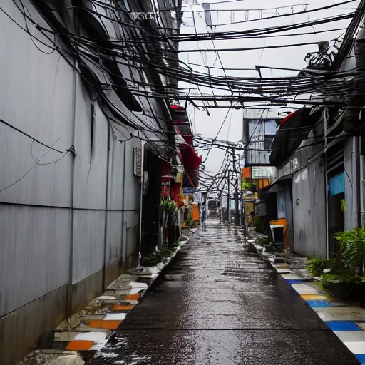 Image similar to rain - soaked alley with messy overhead cables in yongsan district, seoul, south korea.