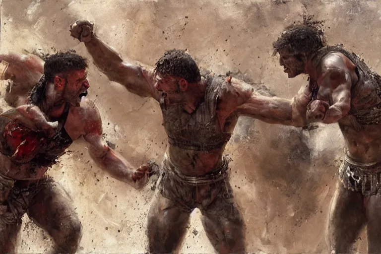 Prompt: a realistic painting of two gladiators fighting each other inside the colosseum, extremely angry facial expressions, hot weather, brutal fight, extreme detail, action pose, Craig Mullins