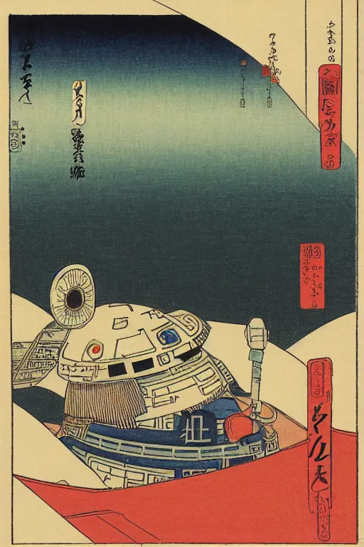 Image similar to Japanese woodblock print of r2d2 , Hiroshige