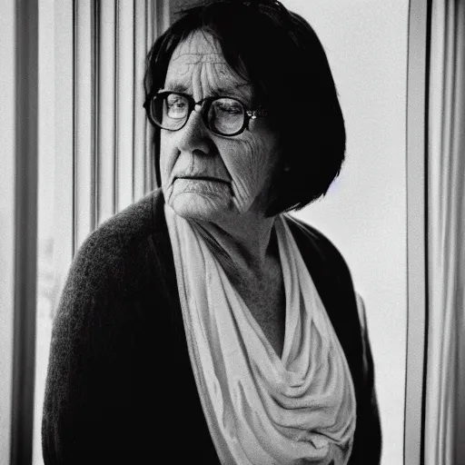 Prompt: black and white photograph portrait of a depressed mature woman standing by the window, natural light, lomo, film grain, soft vignette, sigma 85mm f/1.4 1/10 sec shutter