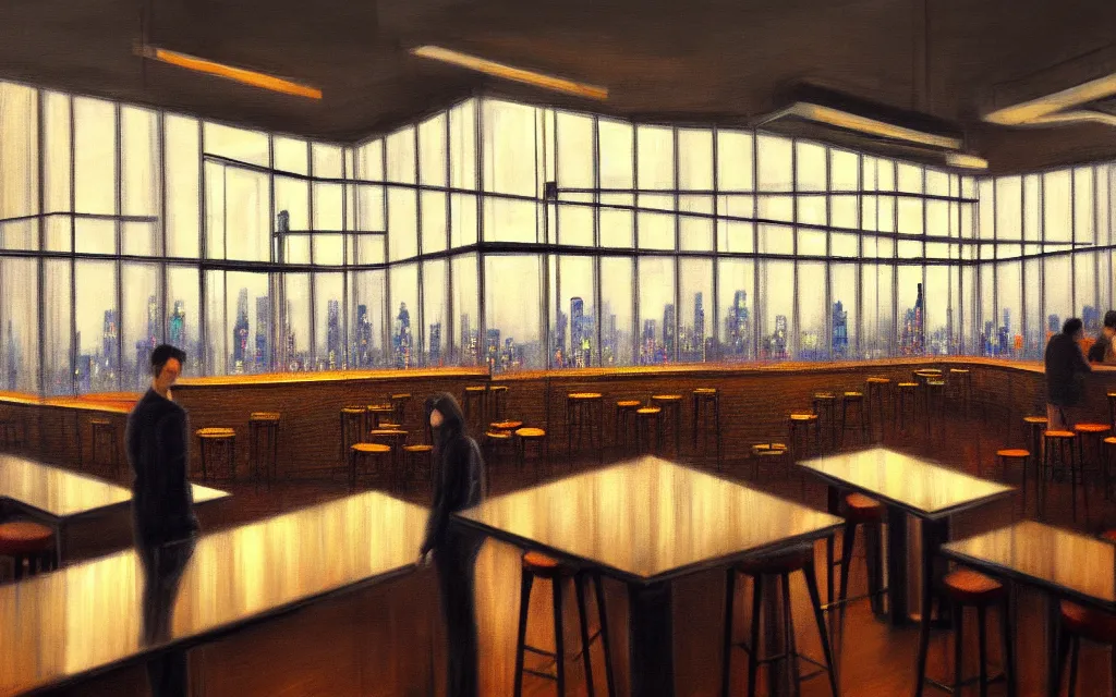 Image similar to loft lounge with tall windows, few people, city in background, bar counter with bartender and few chairs nearby, sparse plants, dim painterly lighting volumetric aquatics, impasto. drawn by feng zhu