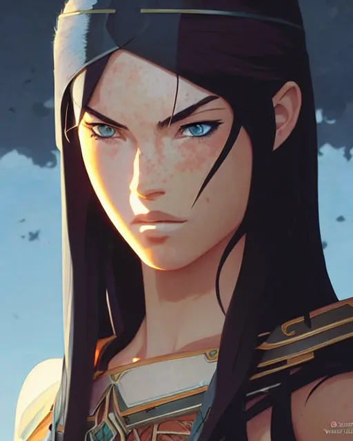 Image similar to azctec warrior, megan fox, detailed perfect face, exquisite details, fire magic, mid view, design on a white background, by studio muti, greg rutkowski makoto shinkai takashi takeuchi studio ghibli